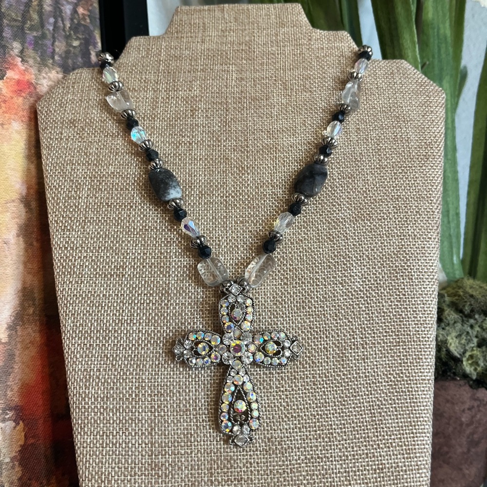 Artisan made custom beaded necklacece and cross pendant